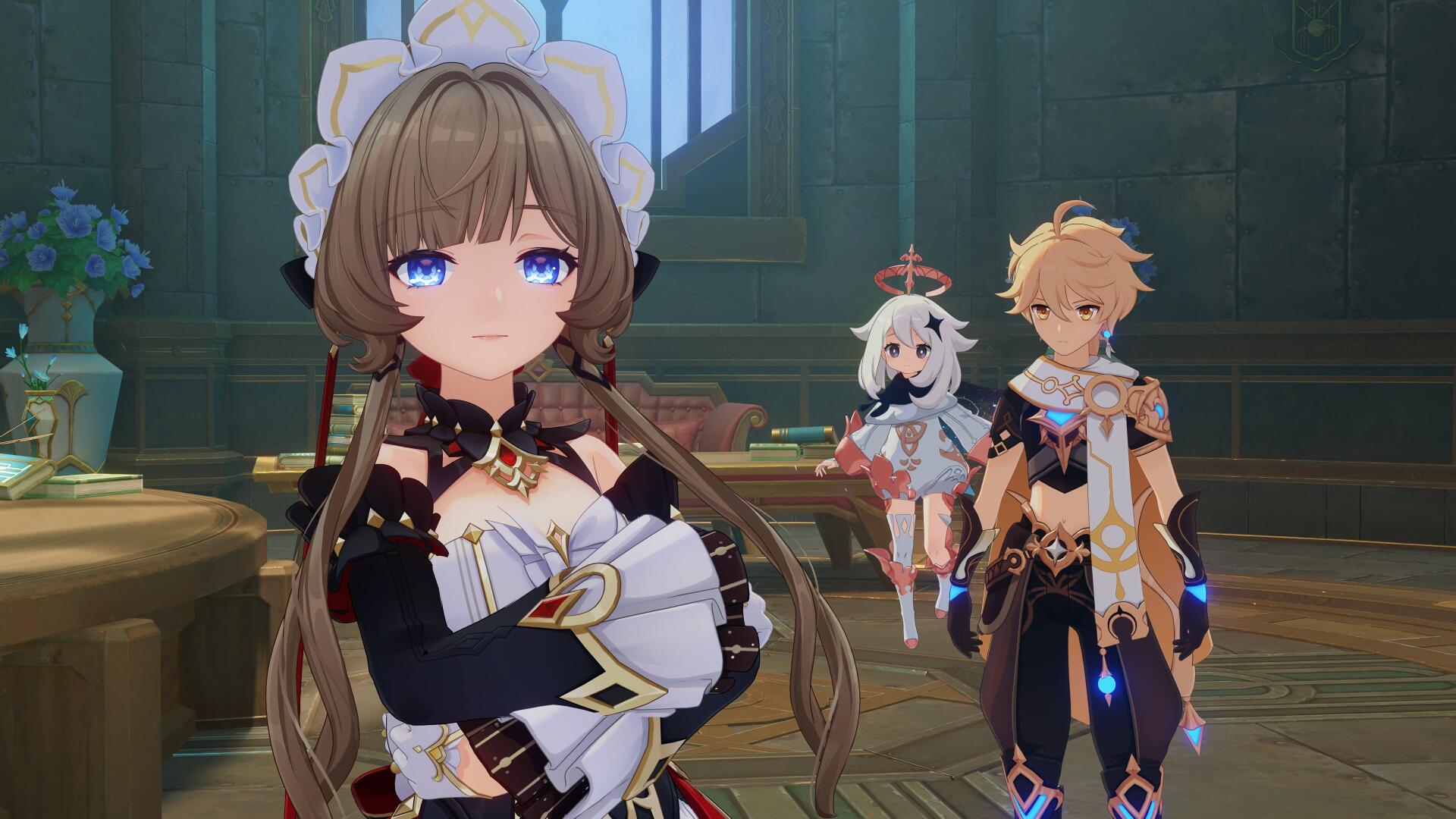 Video game 4K Ultra HD PC desktop wallpaper of Genshin Impact: Luna VIII in the foreground with two companions inside an ornate hall, vivid character art and warm lighting.