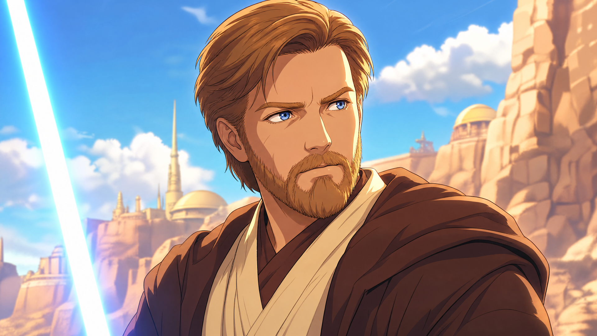 4K Ultra HD PC desktop wallpaper: Obi-Wan Kenobi in brown Jedi robes, determined expression, blue lightsaber glowing against sunlit desert cliffs and a bright blue sky.