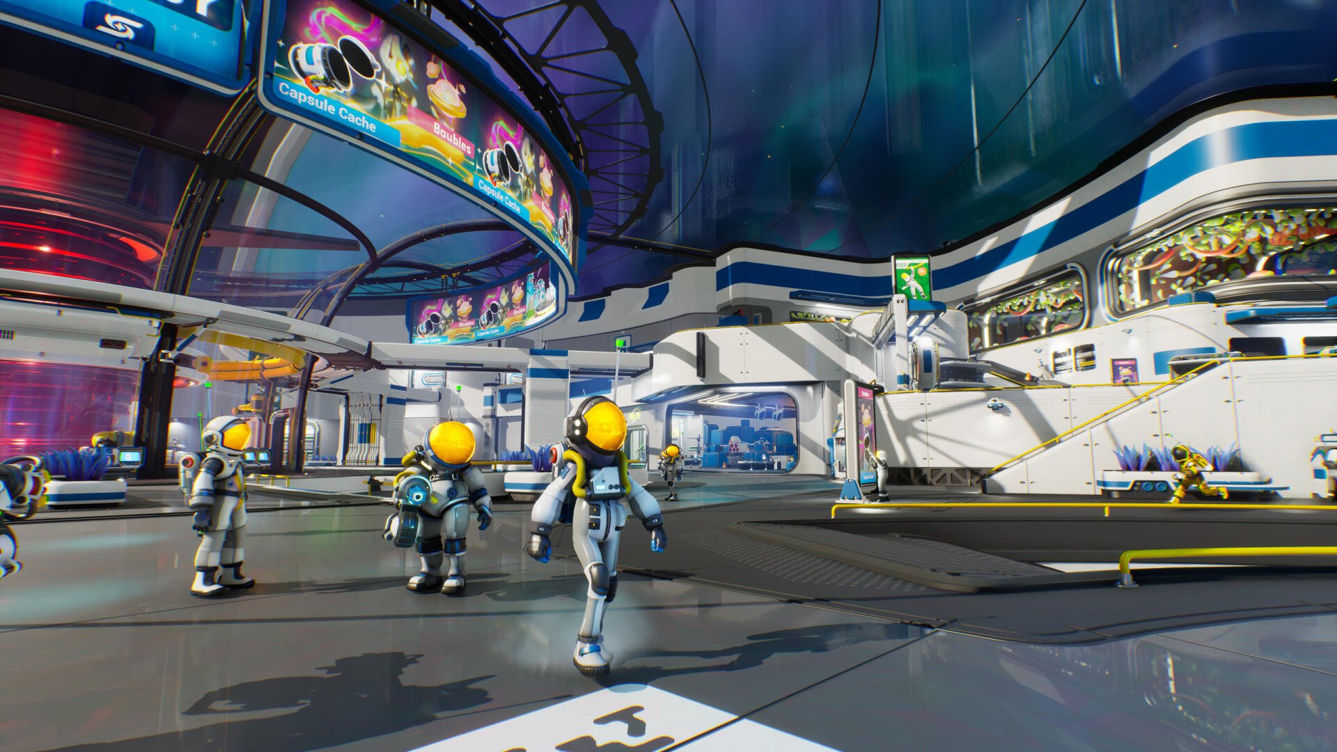 Interior of a futuristic space station from the video game Starseeker: Astroneer Expeditions — three yellow-helmet explorers, holo displays and sleek architecture. 2K Quad HD PC wallpaper.