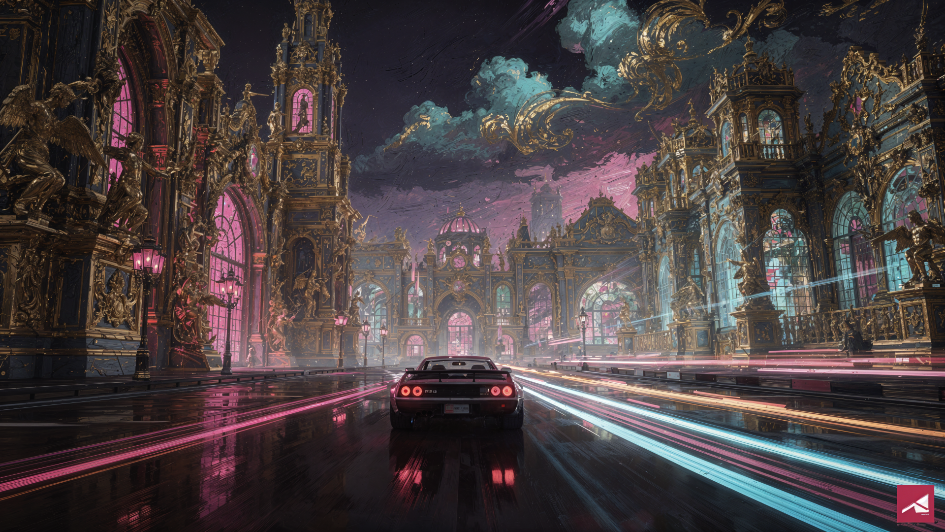 Outrun 4K Ultra HD PC desktop wallpaper and background — rear view of a sports car racing down a wet, neon pink-blue boulevard through a glowing, ornate futuristic city.