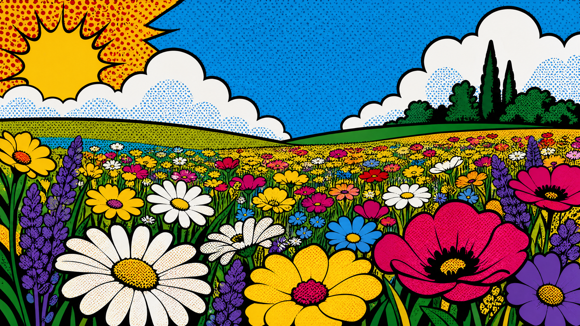 Vivid pop-art blooming meadow under a bright sun and blue sky, colorful wildflowers filling the foreground — 4K Ultra HD PC desktop wallpaper and background.