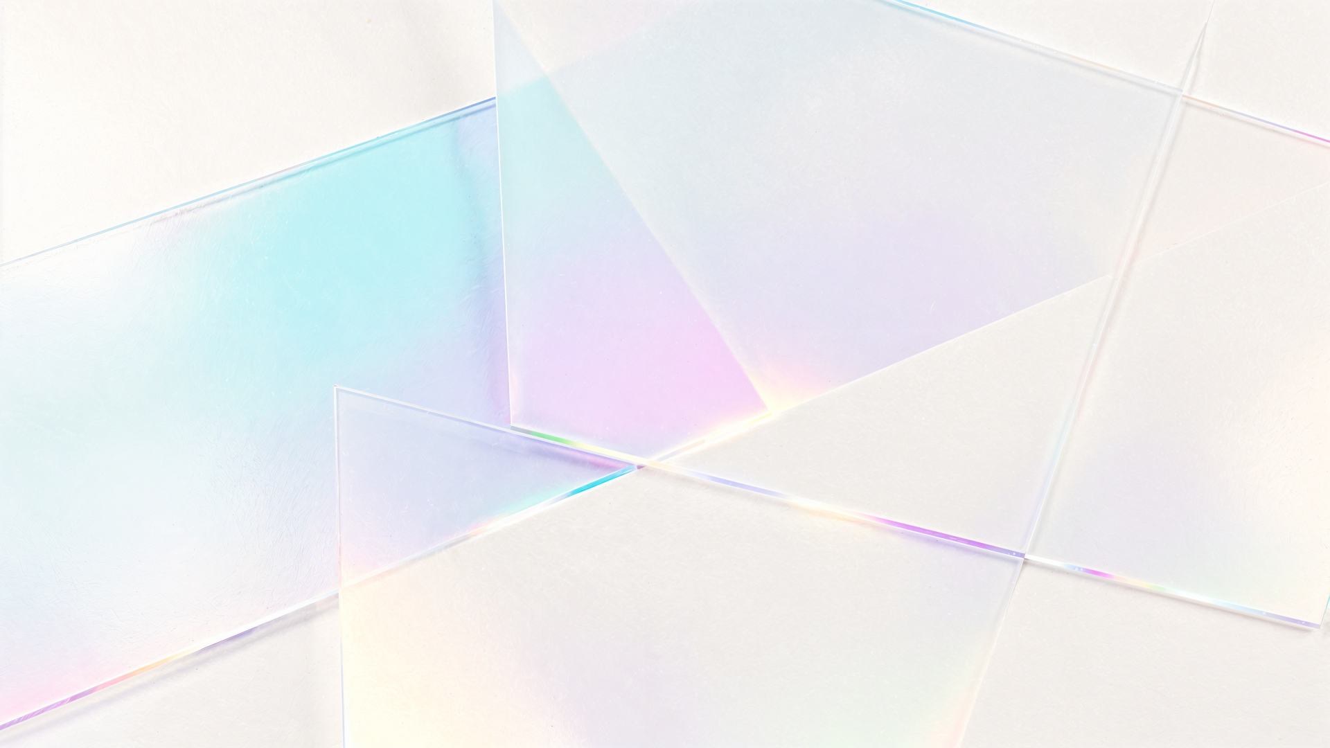 Clean 4K Ultra HD PC desktop wallpaper: minimalist iridescent pastel shards and translucent geometric panels creating a soft, luminous background.