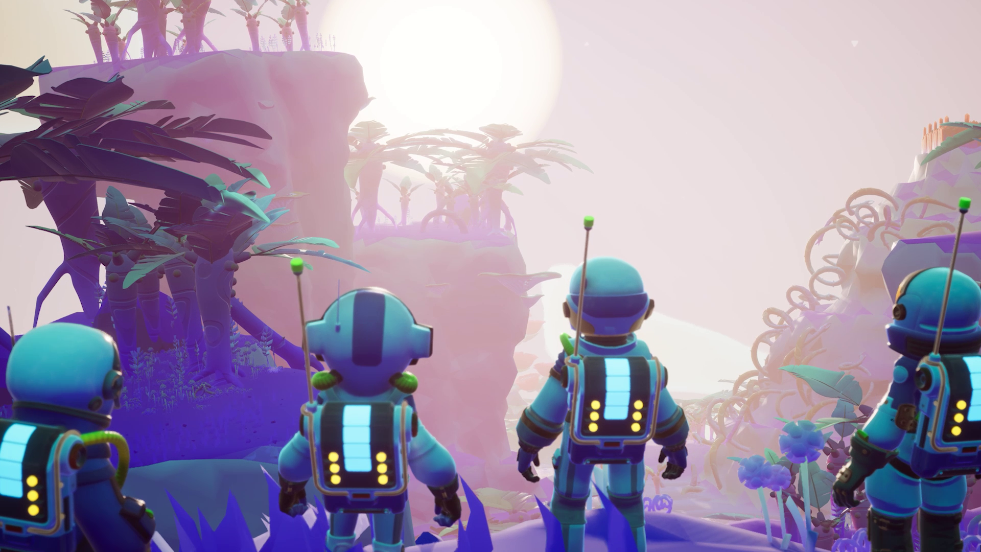 HD PC desktop wallpaper from the video game Starseeker: Astroneer Expeditions showing three suited astronauts overlooking a purple alien landscape with glowing plants at sunrise.