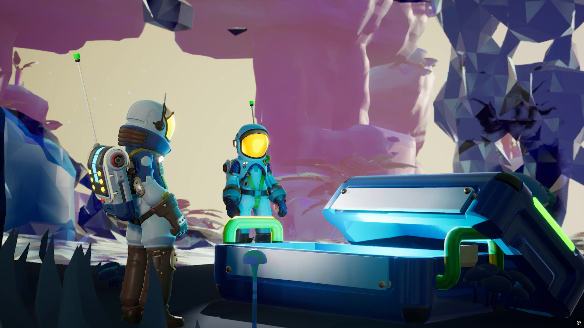 HD PC desktop wallpaper of the video game Starseeker: Astroneer Expeditions — two suited explorers beside a glowing crate on a colorful alien world.