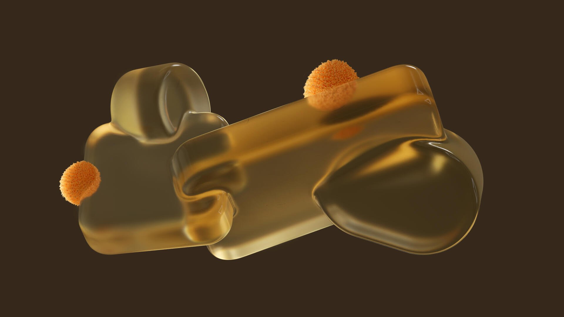 Microsoft Opaline 4K Ultra HD PC desktop wallpaper showing abstract translucent amber opaline forms with two small orange spheres on a dark brown background.