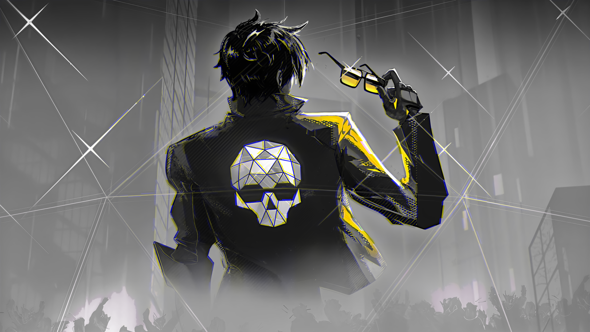 Stylized silhouetted figure with geometric skull emblem on jacket and neon yellow accents, holding glasses before a grayscale city crowd — 8K Ultra HD PC Desktop Wallpaper and Background.