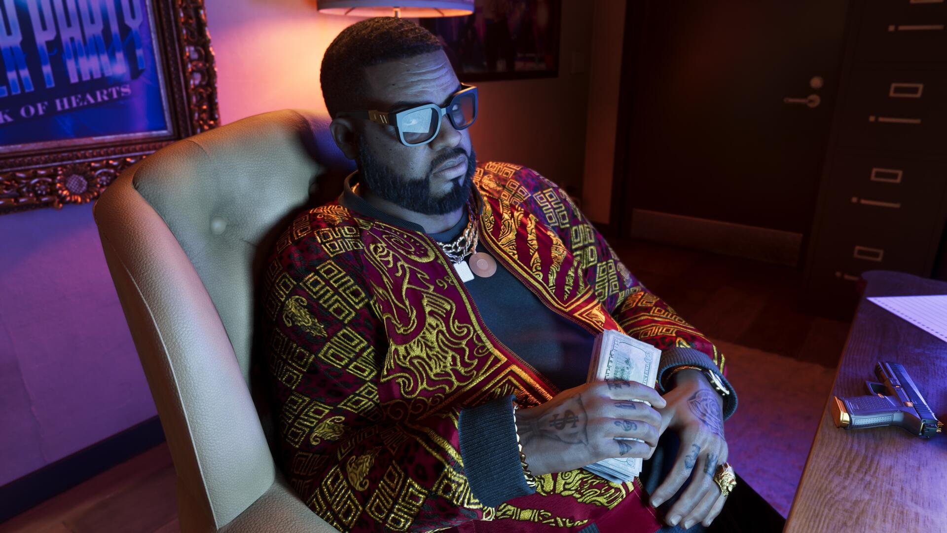 Grand Theft Auto VI character Boobie Ike lounges in a neon-lit room, wearing a patterned jacket and sunglasses while holding stacks of cash — 4K Ultra HD PC desktop wallpaper, video game art.
