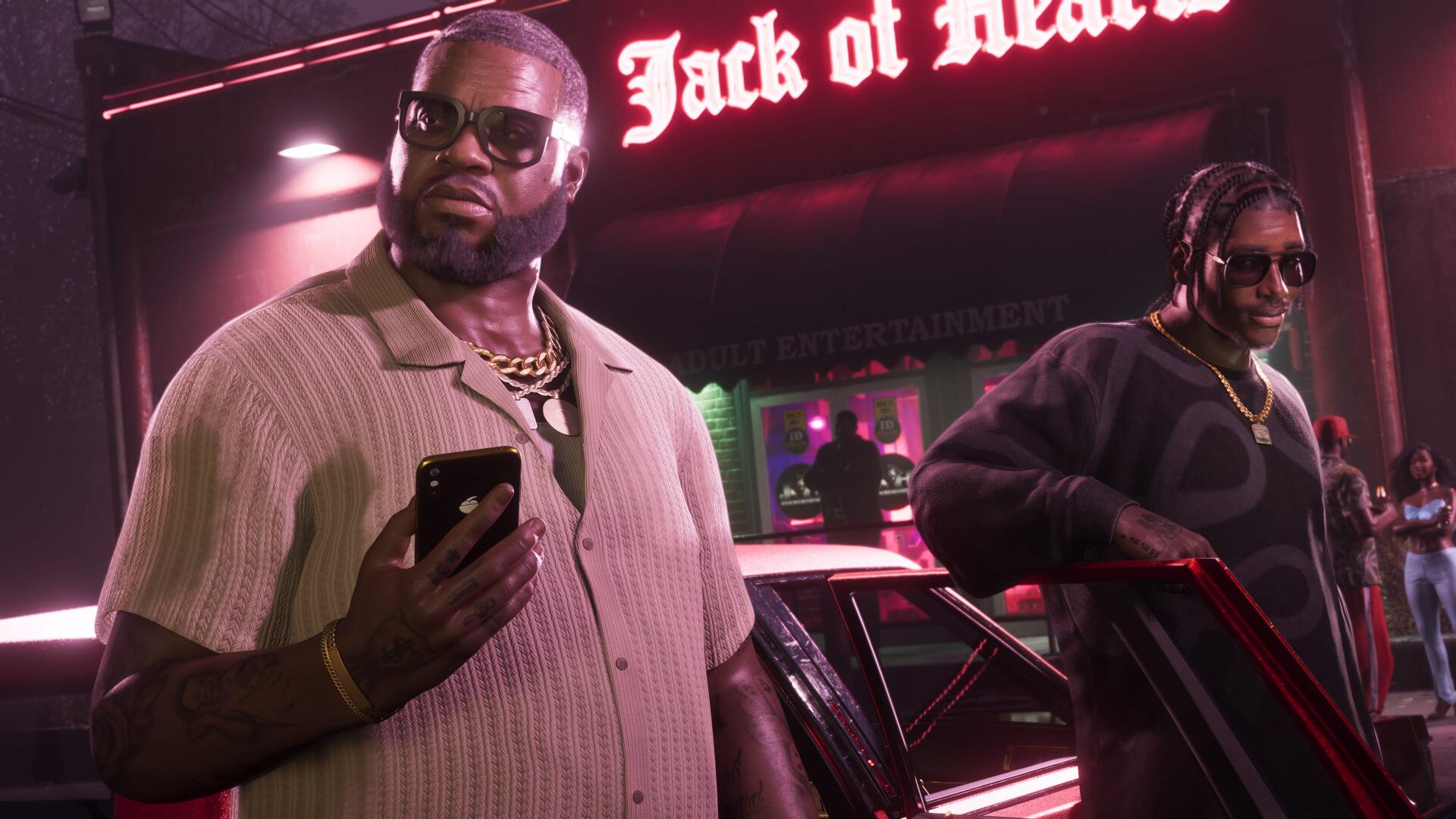 4K Ultra HD PC desktop wallpaper and background from the video game Grand Theft Auto VI: Boobie Ike and an associate by a neon-lit car outside the Jack of Hearts club.