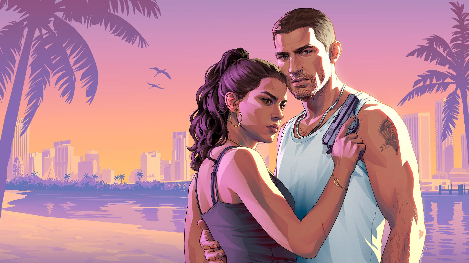 Grand Theft Auto VI 4K desktop wallpaper: video game art of Lucia Caminos and Jason Duval embracing on a sunset beach with palm trees and a neon city skyline.