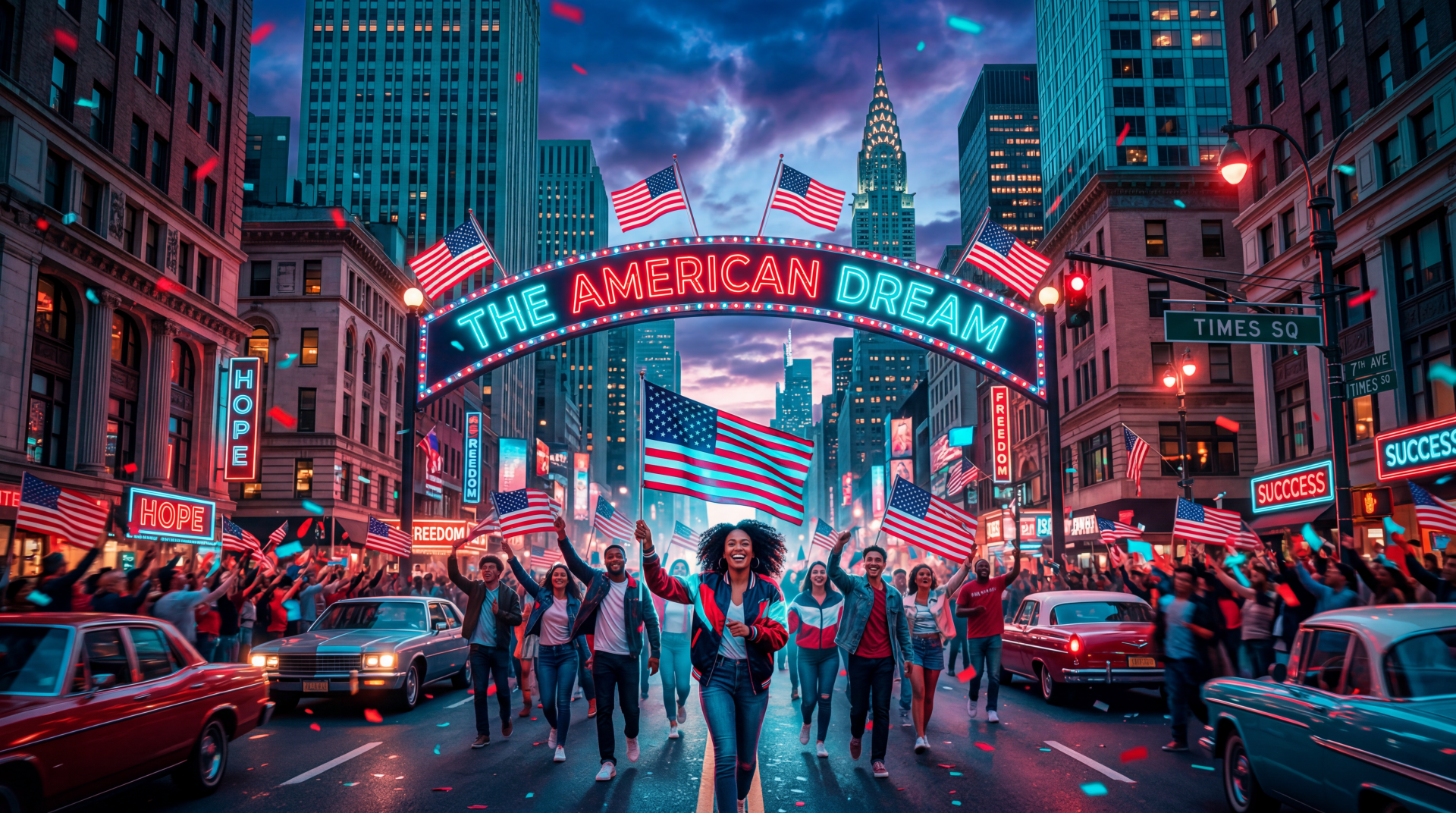 5K Ultra HD PC desktop wallpaper The American Dream: joyful crowd beneath a glowing arch, waving US flags down a neon-lit city street at dusk.