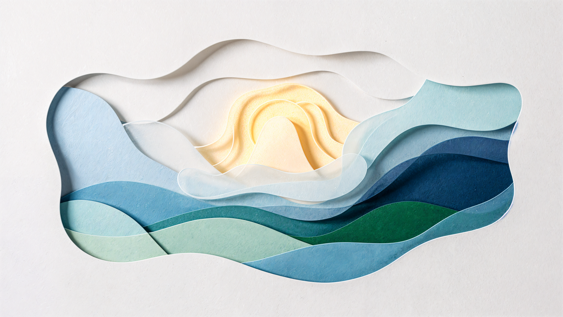 4K Ultra HD PC desktop wallpaper: layered paper-cut seascape of teal and blue waves with a warm golden sun, radiating peaceful energy.