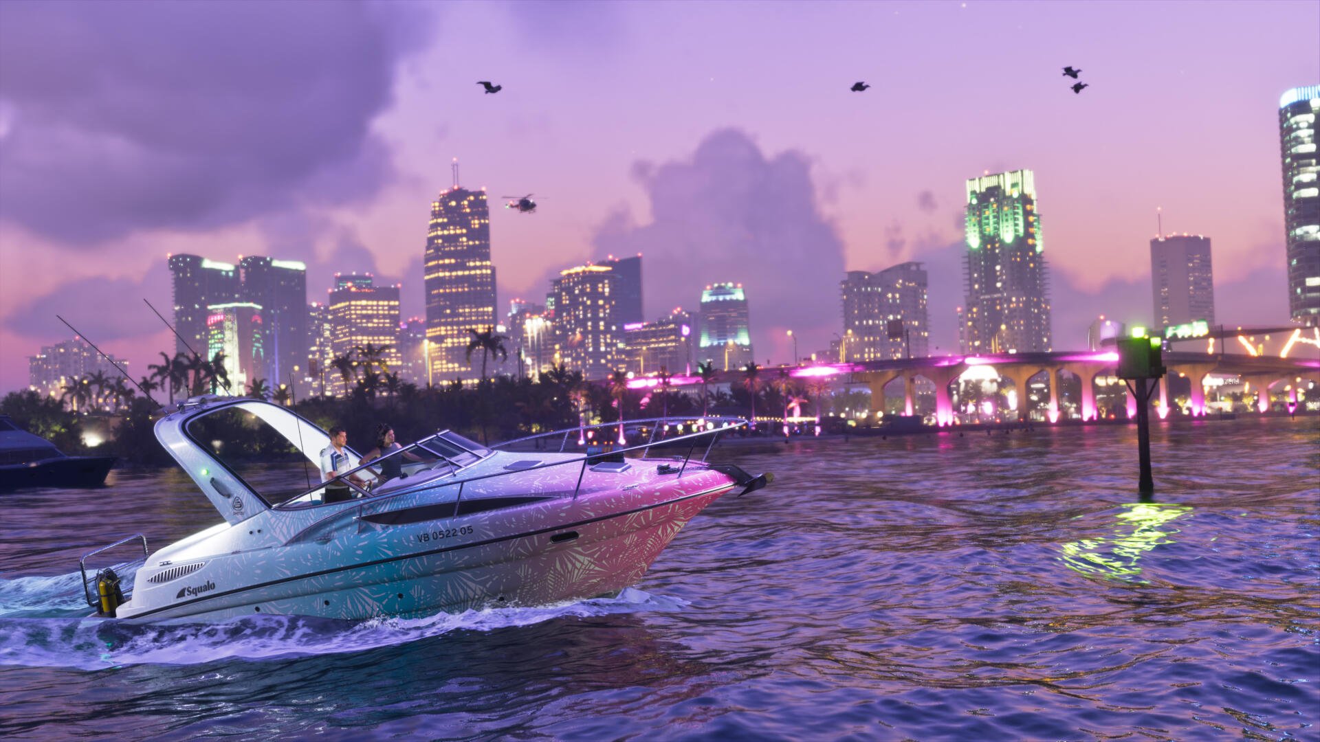 Video game Grand Theft Auto VI 4K Ultra HD PC wallpaper: speedboat cruising across a neon-lit harbor toward a pastel city skyline at dusk with bridge, birds, and reflective water.