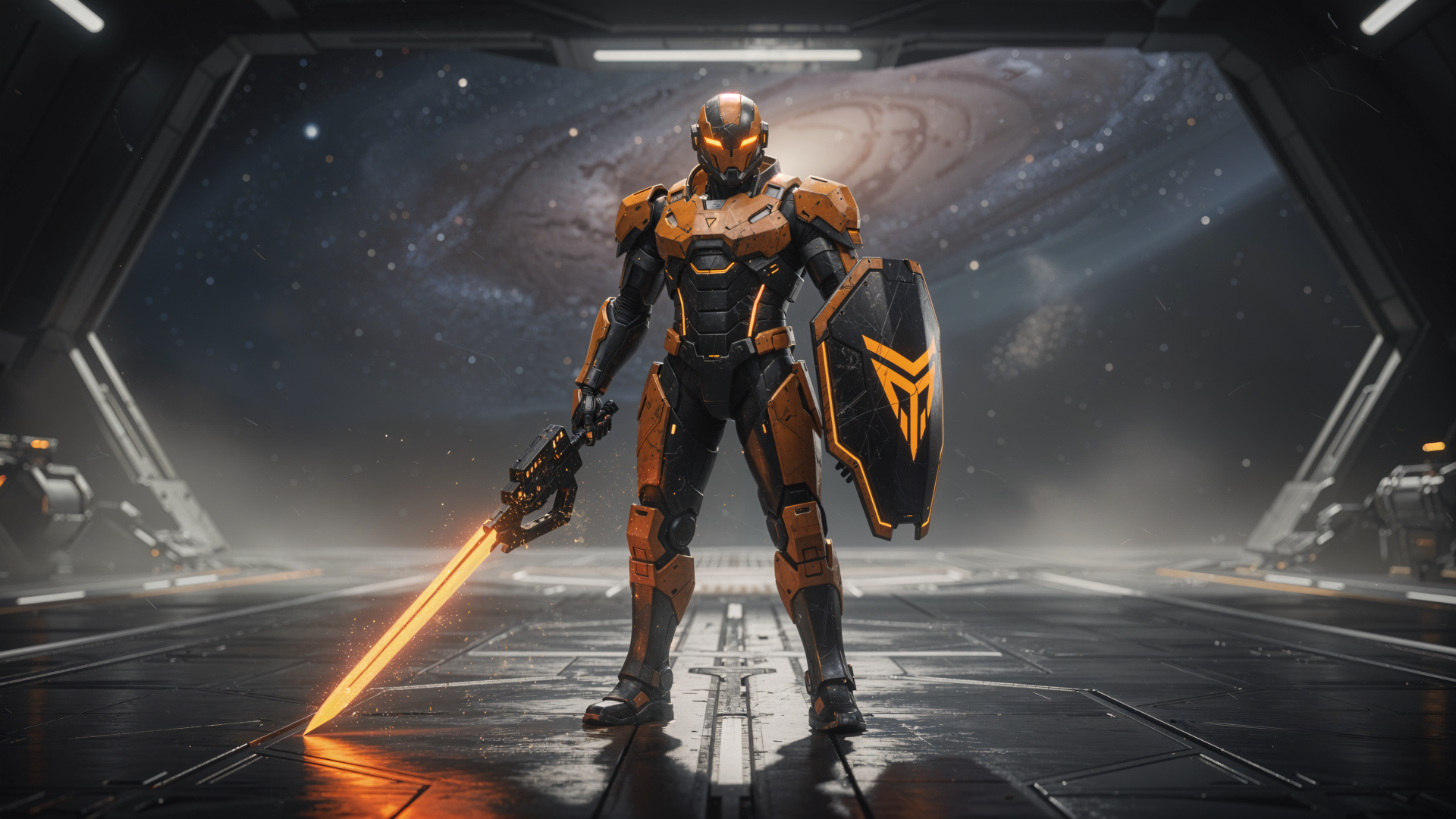 Space knight in orange-black armor wields a glowing energy sword and shield before a spiral galaxy — 4K Ultra HD PC desktop wallpaper/background.