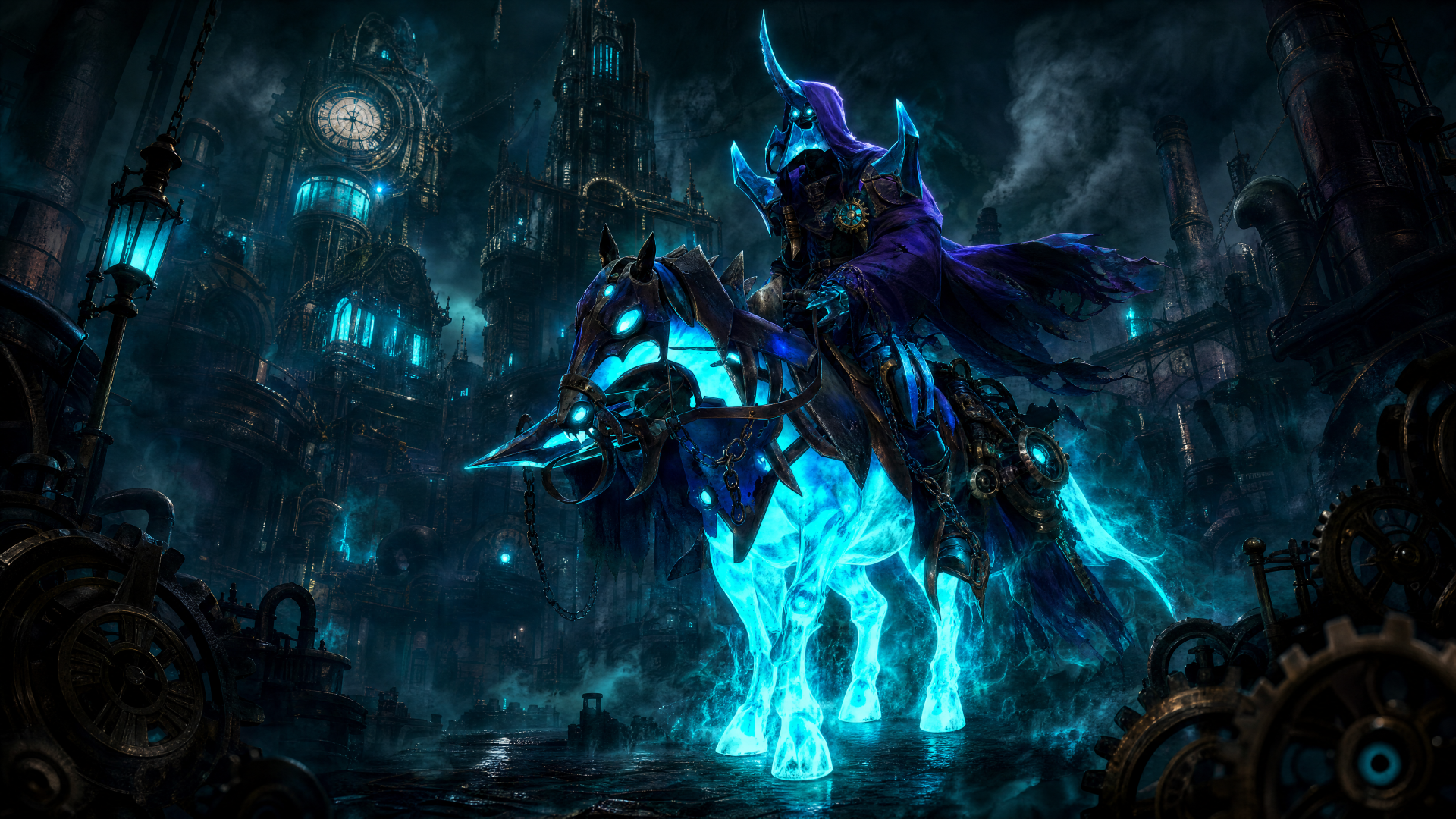 Abaddon (DotA 2) in spectral armor atop a glowing cyan ghost horse amid a brooding gothic cityscape — 4K Ultra HD PC desktop wallpaper and background