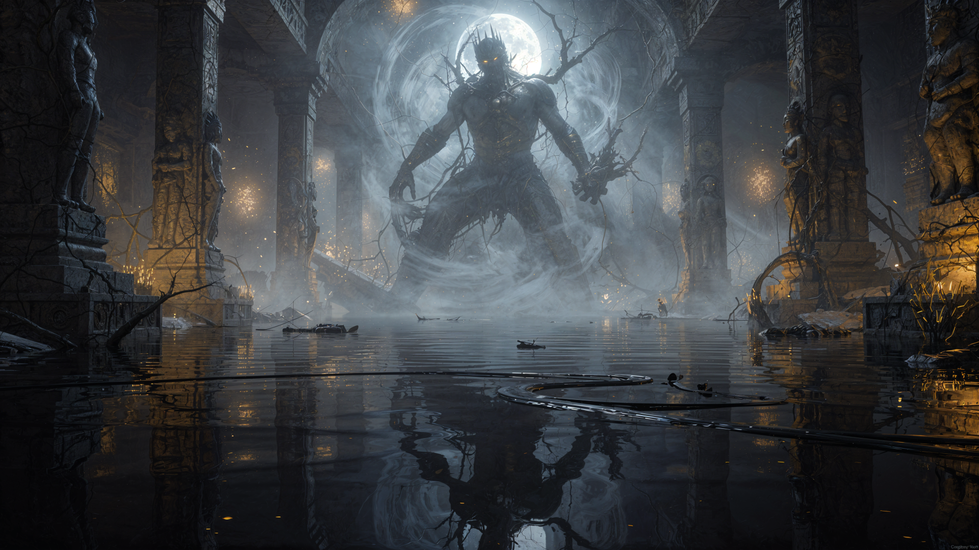 Forgotten god looms in a ruined cathedral, silhouetted against a pale moon with flooded floor reflections — dramatic 4K Ultra HD PC Desktop Wallpaper and Background.