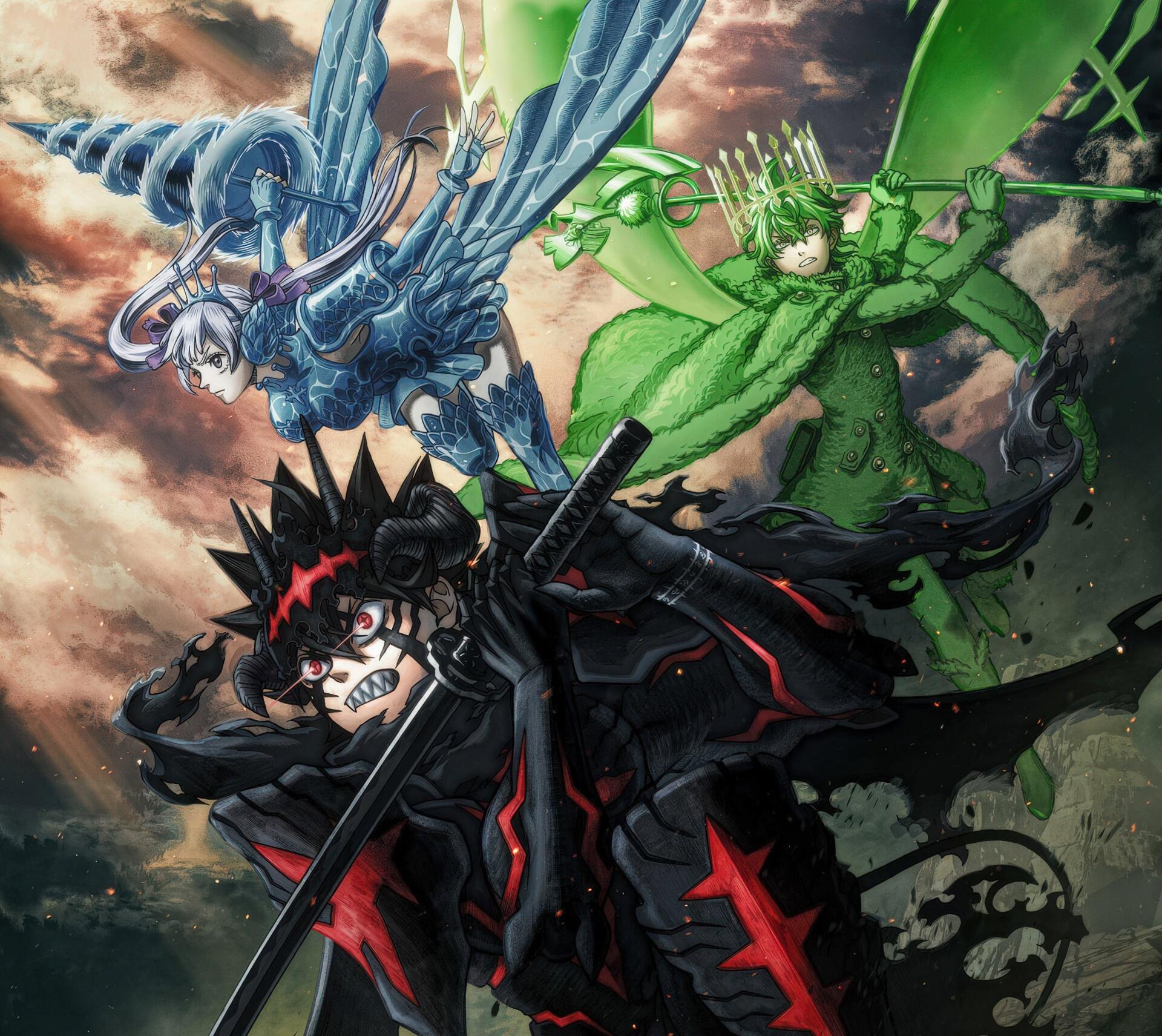 Anime Black Clover 2K Quad HD PC wallpaper: Asta in anti-magic armor charging forward with sword, Yuno unleashing wind magic above, Noelle Silva casting water magic behind them.