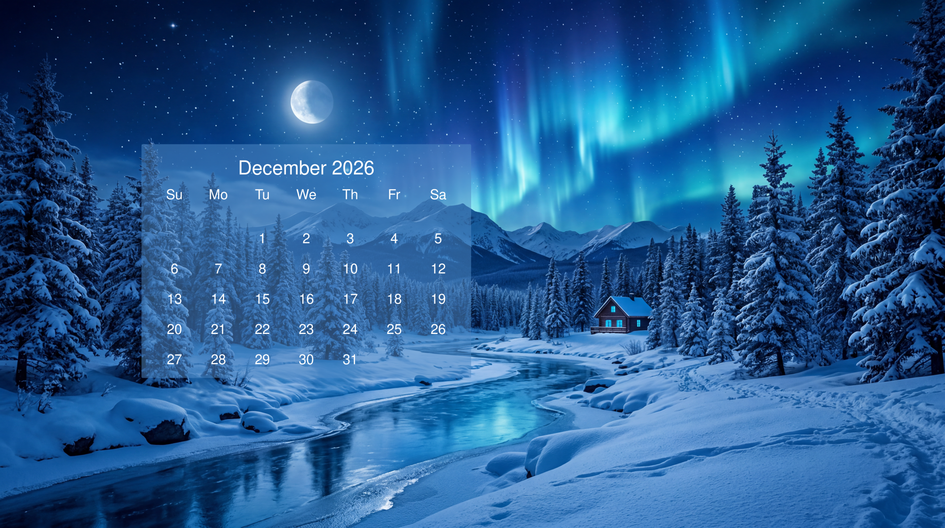 December 2026 calendar on 5K Ultra HD PC desktop wallpaper and background: snowy cabin by a frozen river under aurora borealis and a crescent moon.