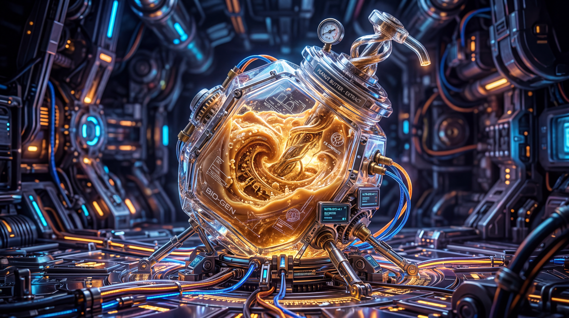 5K Ultra HD PC desktop wallpaper: glowing glass jar of swirling golden peanut butter suspended in a high-tech cybernetic lab, surrounded by cables, gauges and neon circuitry.