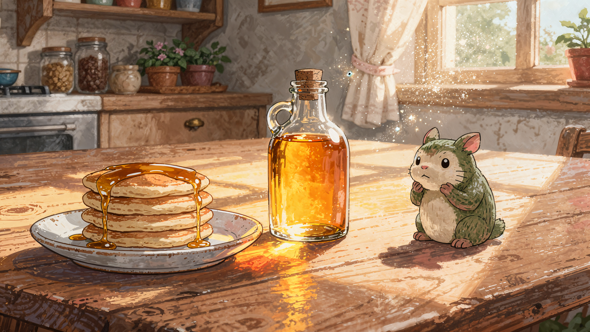 4K Ultra HD PC desktop wallpaper — sunlit rustic kitchen table with pancakes, a bottle of maple syrup and a leaf-cloaked hamster-like companion.