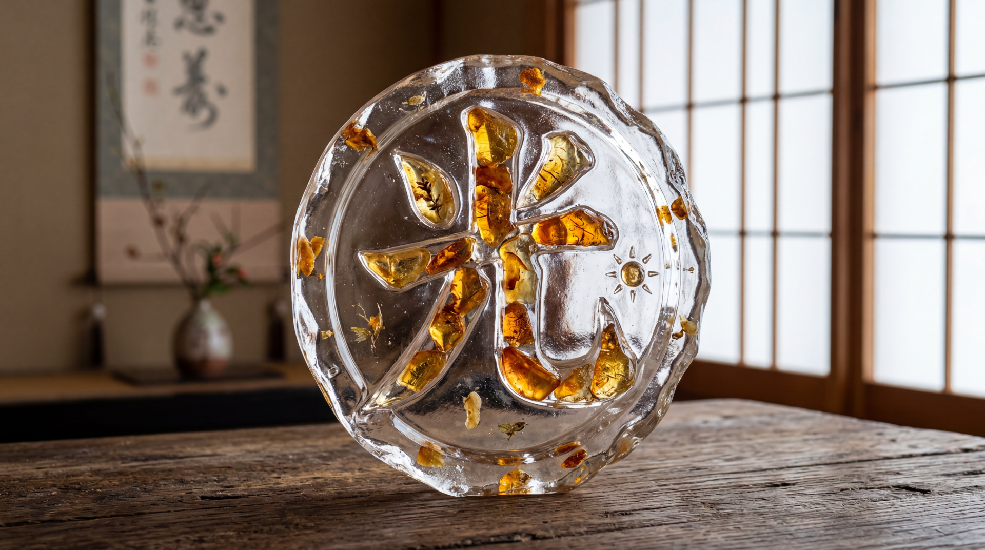 5K Ultra HD PC desktop wallpaper: glass-like round emblem featuring a Japanese kanji logo (光) with amber accents, resting on a wooden table in a sunlit traditional room with shōji screens.