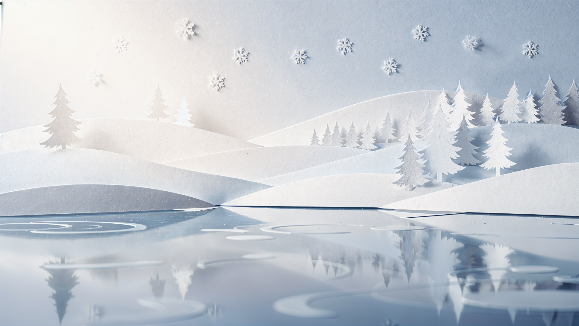 Winter serenity — 4K Ultra HD PC desktop wallpaper/background: tranquil snowy hills, pine trees, drifting snowflakes and a glassy lake reflecting pale morning light.
