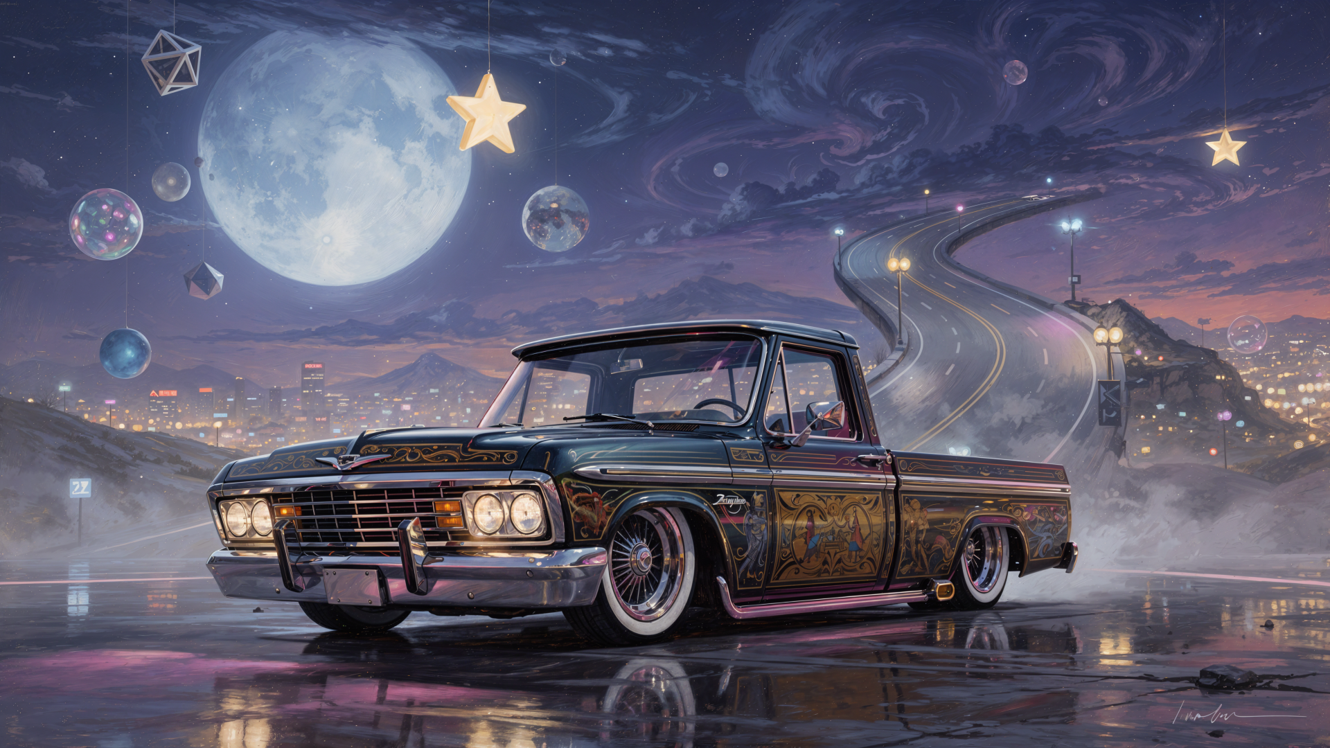 4K Ultra HD PC Desktop Wallpaper and Background showing a lowrider truck on wet pavement beneath a surreal night sky with a large moon, stars, and a winding elevated road.