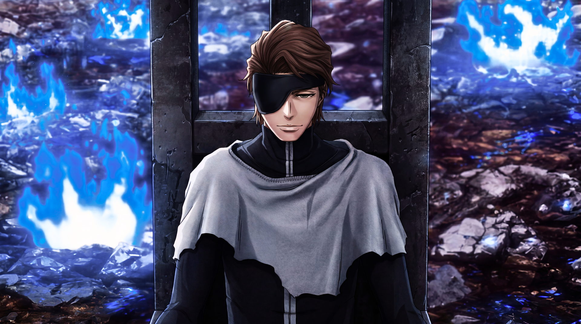 5K Ultra HD wallpaper of Sōsuke Aizen from Bleach: Thousand-Year Blood War, eyepatch-clad figure in dark cloak amid blue aura flames, anime PC desktop background evoking aura farming.