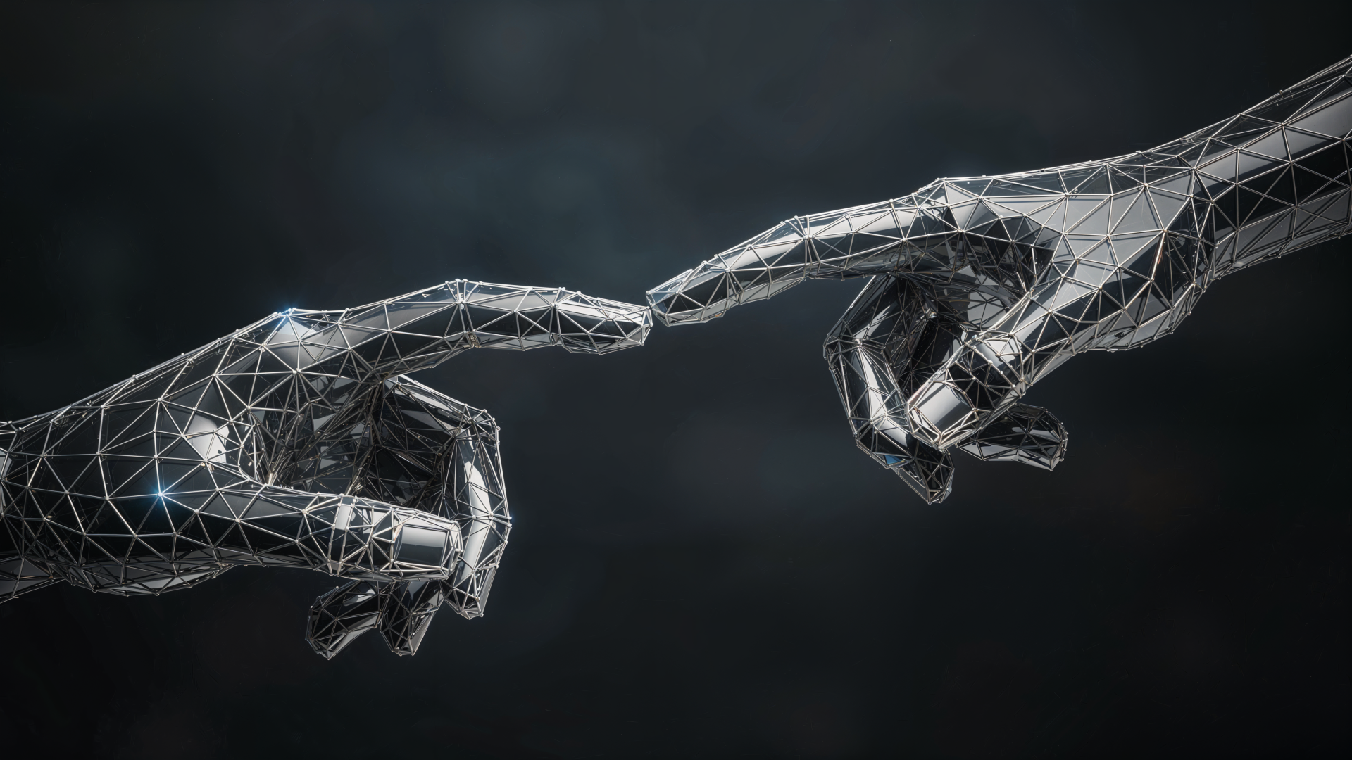 4K Ultra HD PC desktop wallpaper showing two polygonal wireframe hands reaching toward each other, evoking human touch and digital connection.