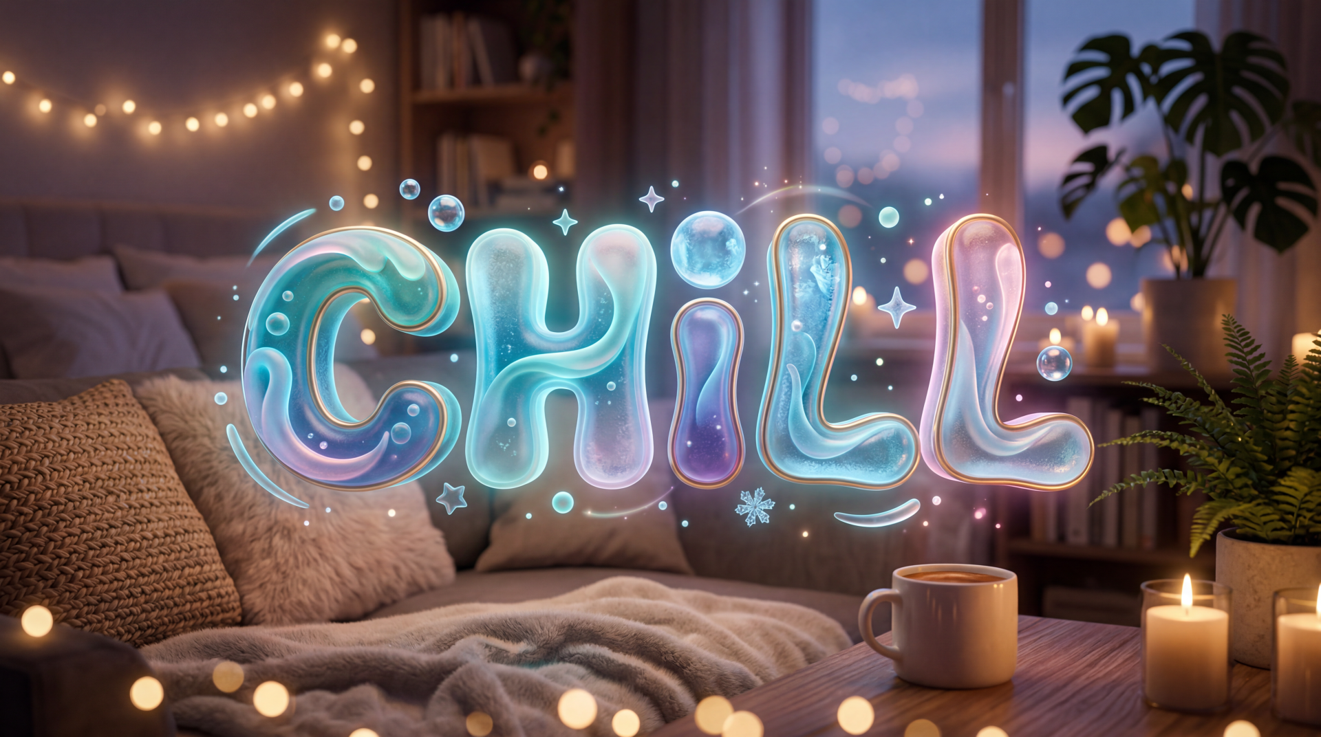 Cozy nighttime bedroom scene with glowing bubble letters spelling CHILL, fairy lights, candles and a mug on a blanket — 5K Ultra HD PC desktop wallpaper and background.