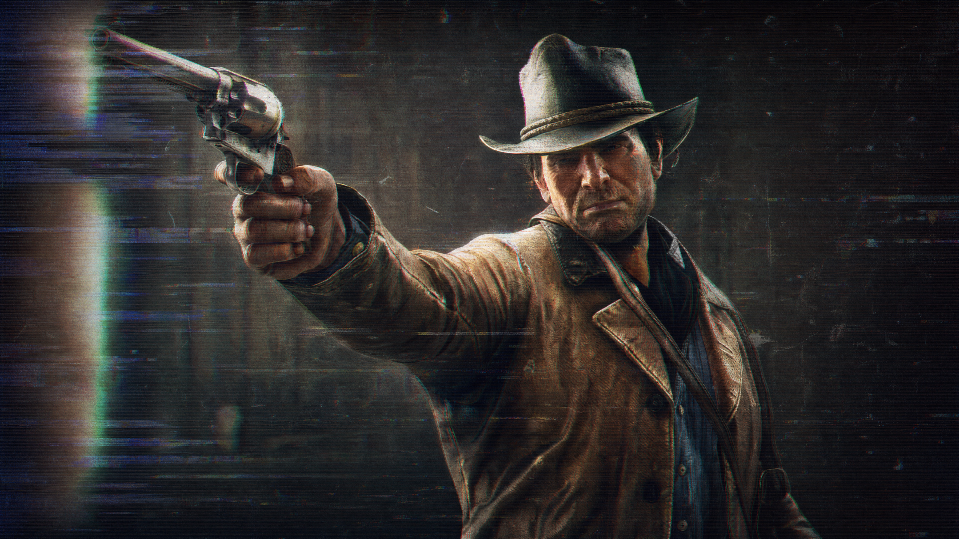 Arthur Morgan aiming a revolver at the viewer in a gritty, cinematic pose — 4K Ultra HD PC desktop wallpaper/background with moody lighting and Western attire.