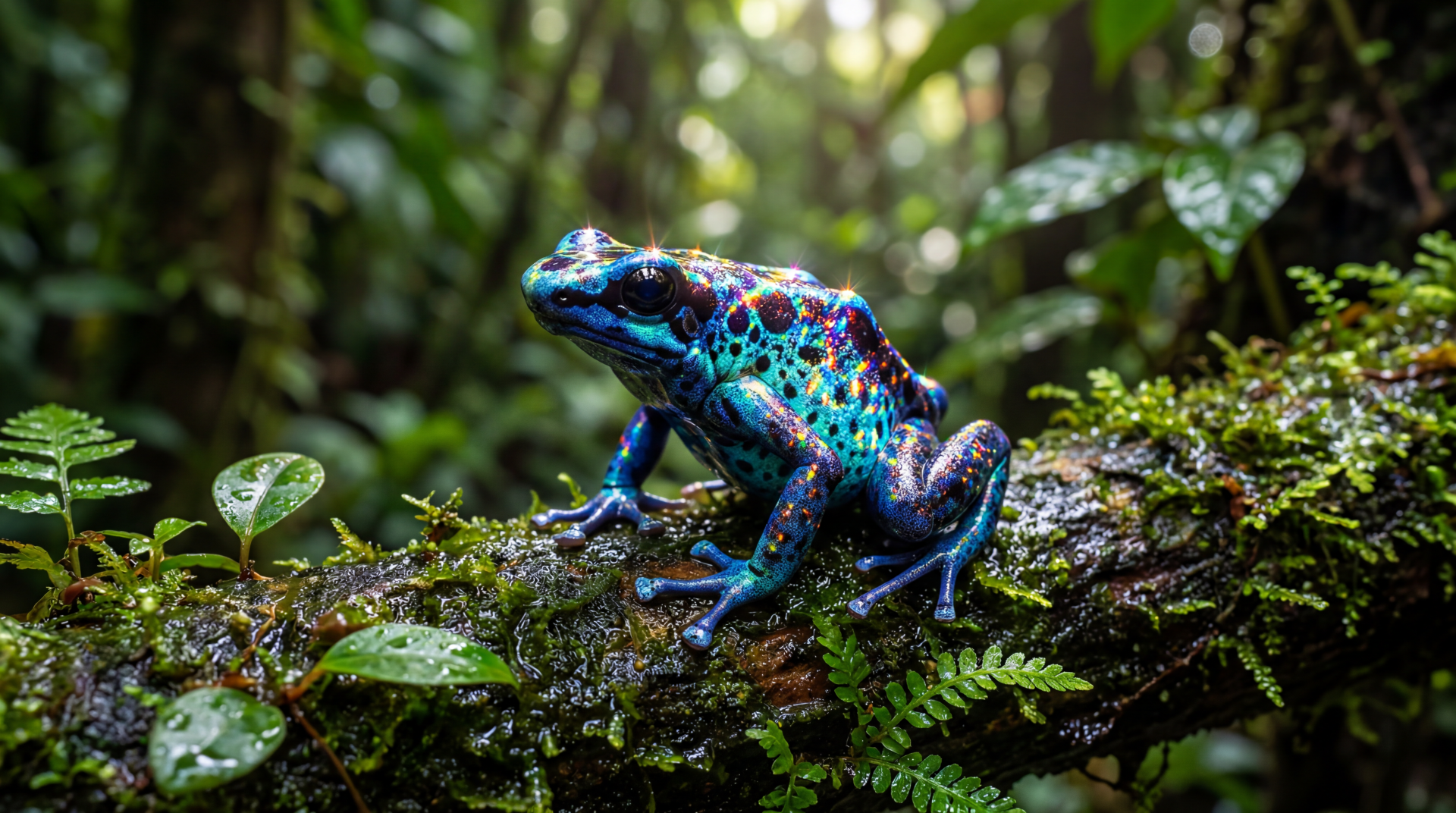Vibrant poison dart frog perched on a wet mossy log in a lush rainforest — high-detail 5K Ultra HD PC desktop wallpaper and background.