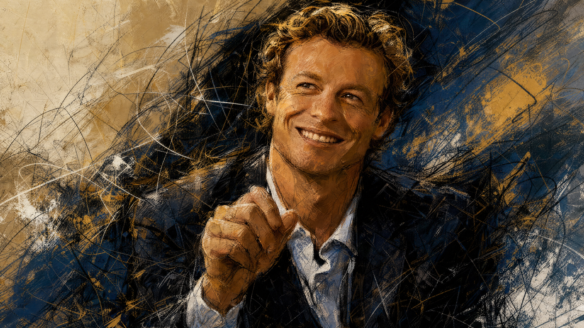 Patrick Jane portrait in painterly strokes, smiling and pointing; 4K Ultra HD PC desktop wallpaper and background.