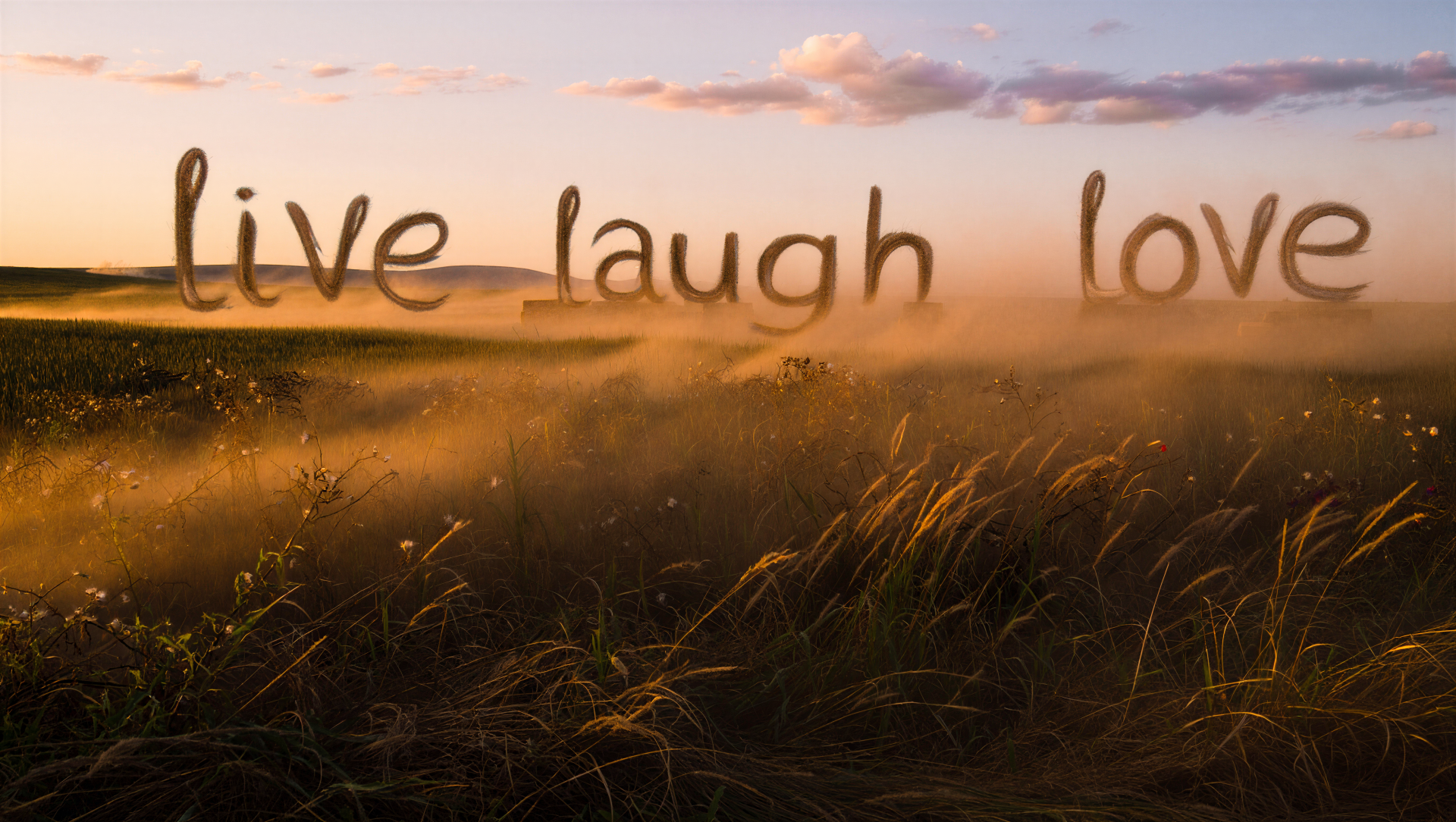 5K Ultra HD PC desktop wallpaper: live laugh love script floating above a misty golden field at sunrise.