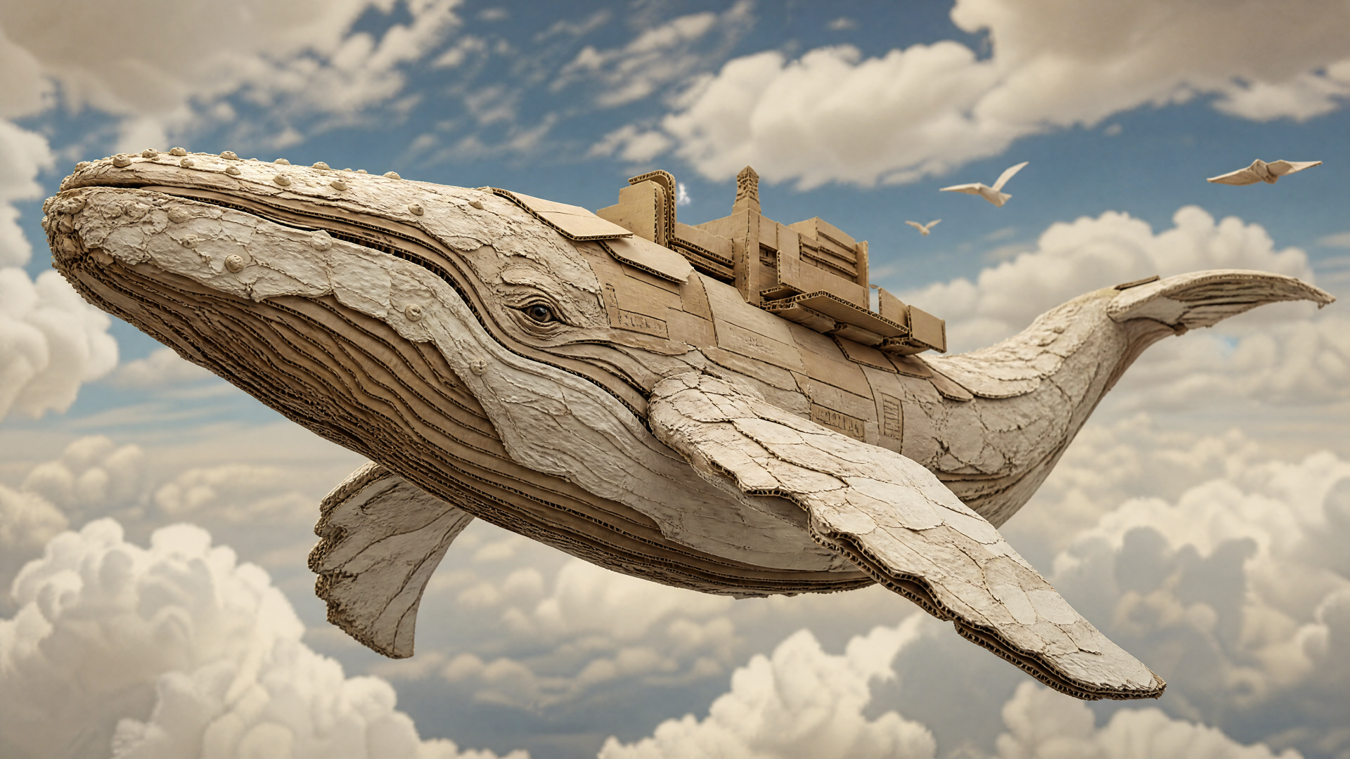 4K Ultra HD PC Desktop Wallpaper and Background of a carved wooden flying whale soaring through cloudy skies with seagulls and a small deck-like structure on its back.