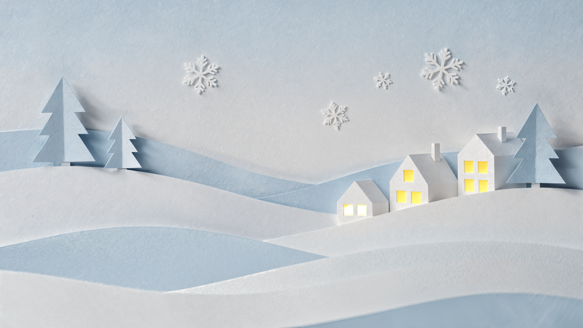 Aesthetic winter 4K Ultra HD PC desktop wallpaper: minimalist paper-cut snowy hills, stylized pine trees, three glowing houses and floating snowflakes under a pale sky.