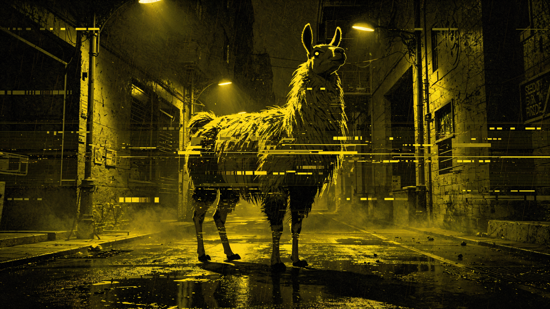 Cyberpunk llama standing in a rain-soaked neon alley with yellow lighting and glitch effects — 4K Ultra HD PC Desktop Wallpaper and Background.