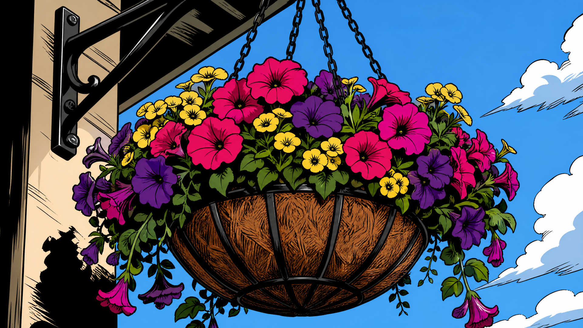 Vibrant hanging basket of pink, purple and yellow flowers against a bright blue sky — 4K Ultra HD PC desktop wallpaper and background.