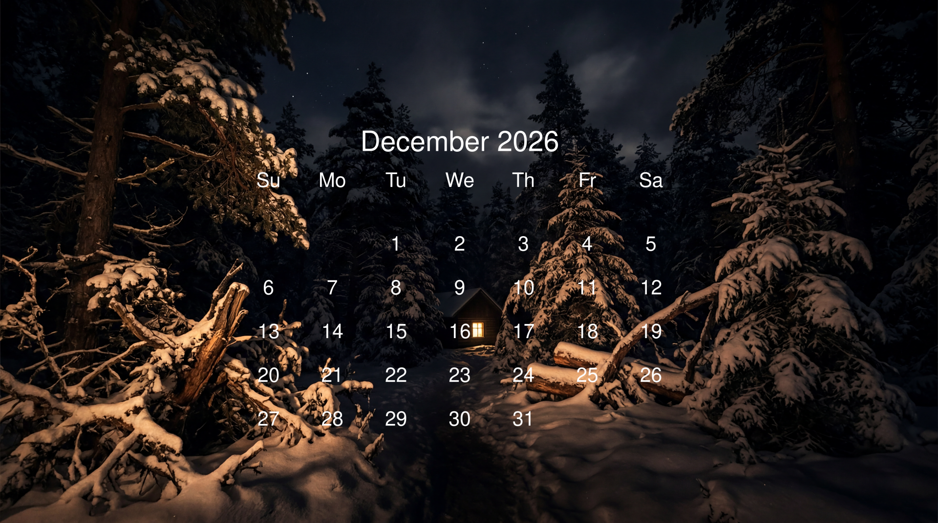 December 2026 calendar over a snow-covered nighttime pine forest with glowing cabin lights, 5K Ultra HD PC desktop wallpaper and background.