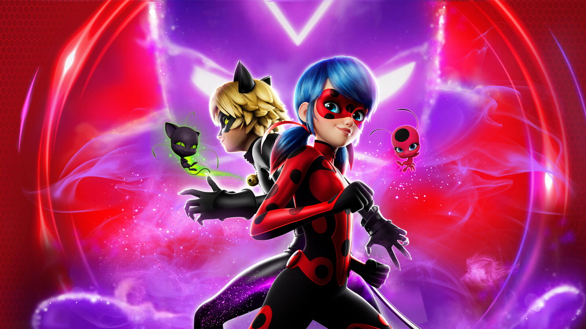 4K Ultra HD PC desktop wallpaper of Miraculous Ladybug: Ladybug and Cat Noir back-to-back with glowing heart and floating kwamis on a purple-red cosmic backdrop.