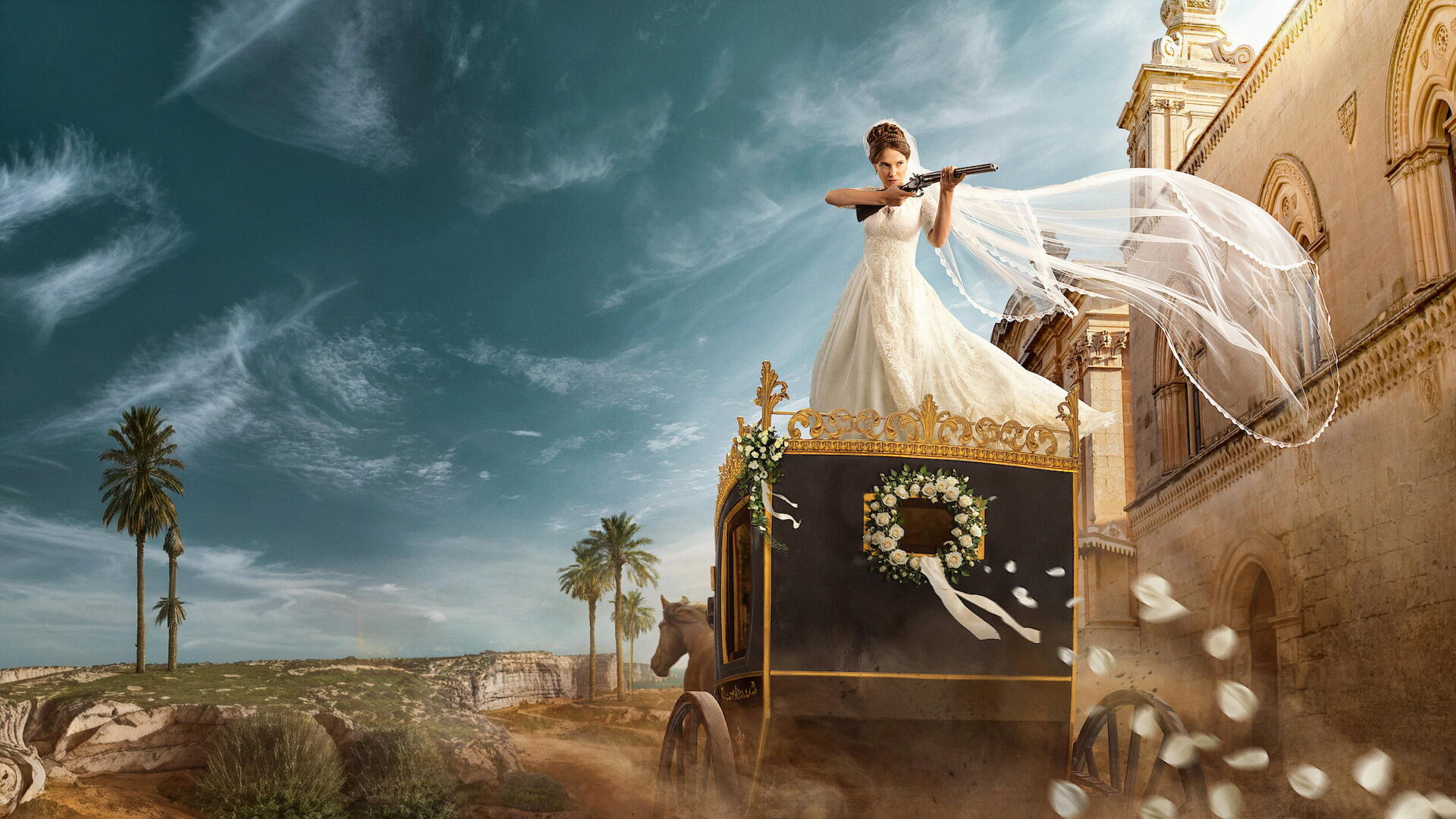 Enola Holmes 3 4K Ultra HD PC desktop wallpaper: woman in flowing white gown and veil stands on an ornate carriage amid desert palaces under a dramatic sky.