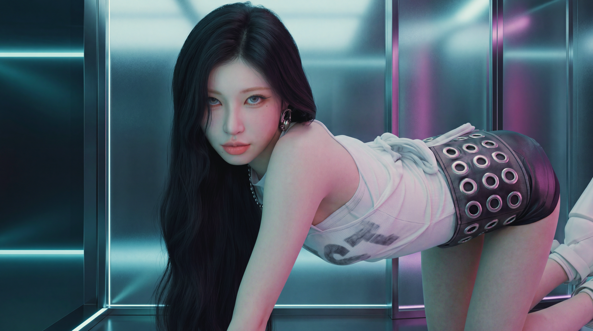 5K Ultra HD wallpaper: Japanese model with long dark hair in K-pop–style pose inside a neon mirrored cube; tags—BABYMONSTER, Asa, K-pop.