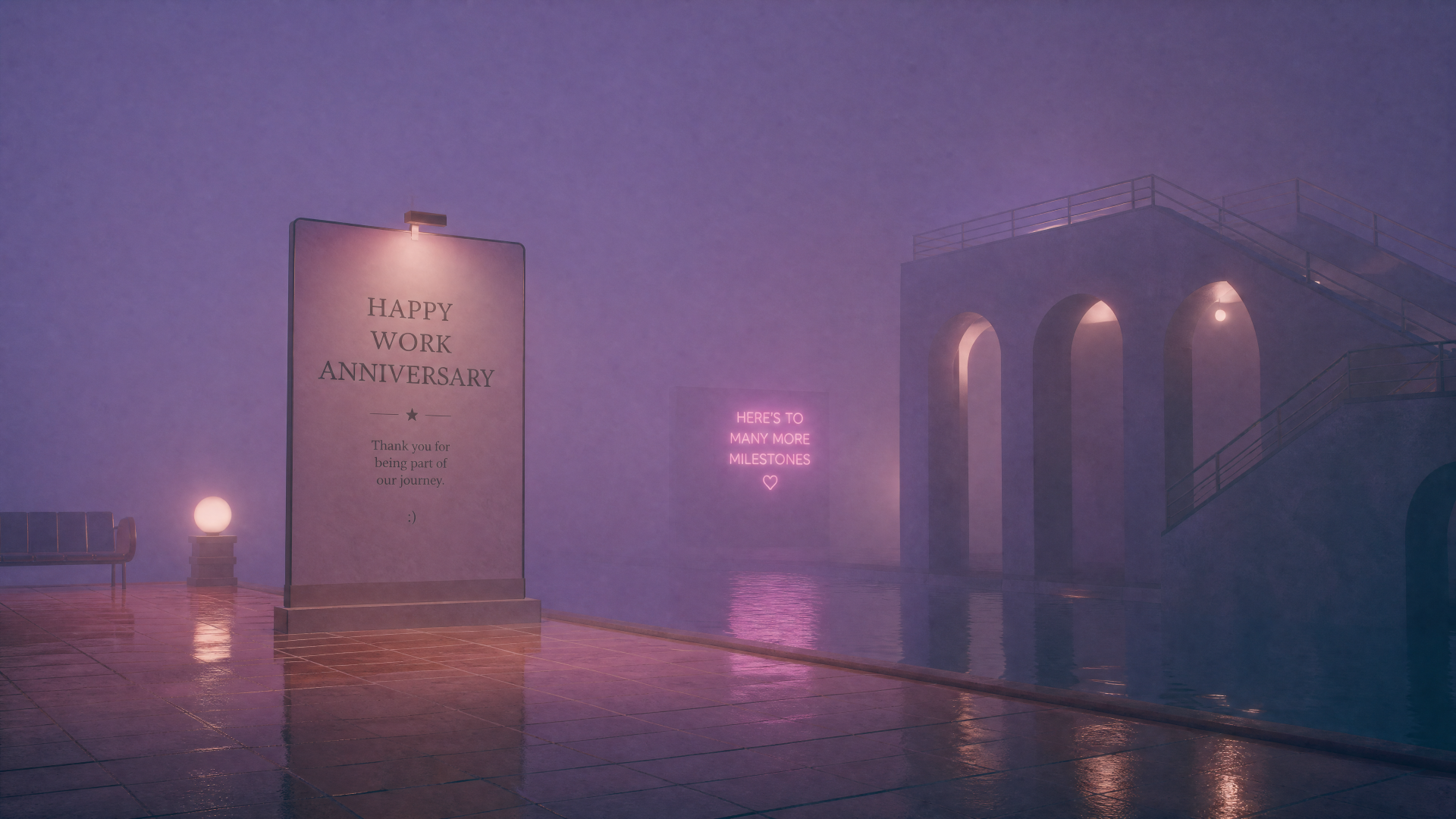4K Ultra HD PC desktop wallpaper: moody purple-pink fog over a wet rooftop, glowing Happy Work Anniversary billboard beside an arched building with neon reflections.