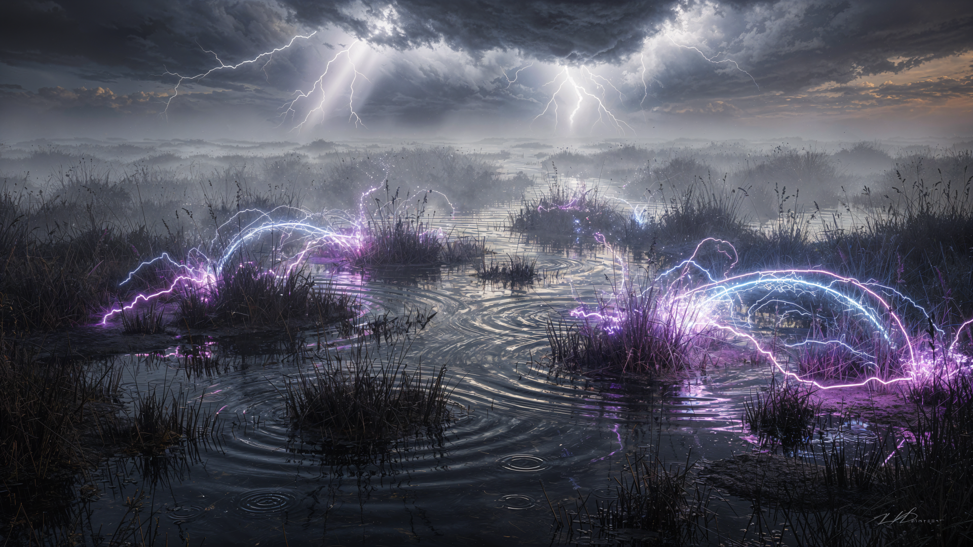 4K Ultra HD PC desktop wallpaper/background: brooding marsh under storm clouds, lightning forks and purple electric arcs crackling across dark reflective water.