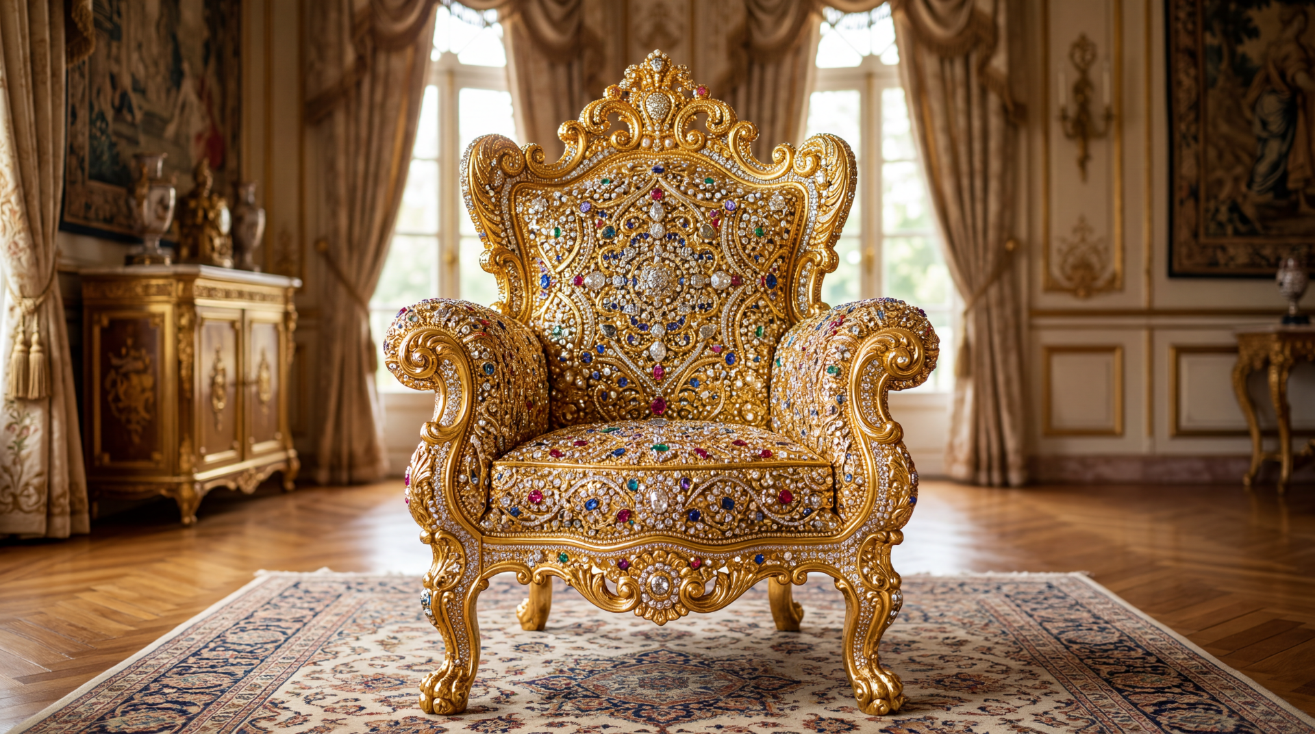 Bedazzled, jewel-encrusted golden throne in an ornate Baroque parlor, rendered as a 5K Ultra HD PC desktop wallpaper and background.