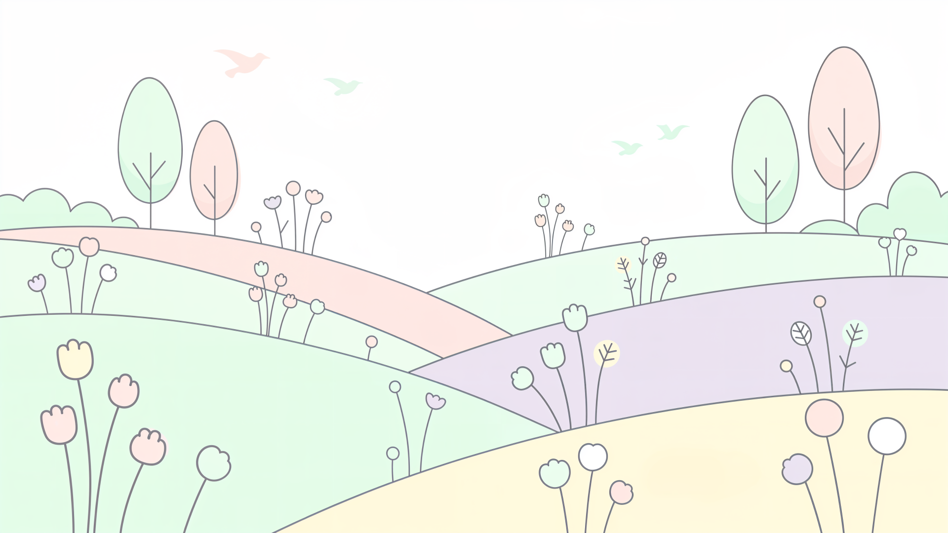 Minimal pastel spring landscape with rolling hills, tulips, delicate trees and birds — 4K Ultra HD PC desktop wallpaper and background.