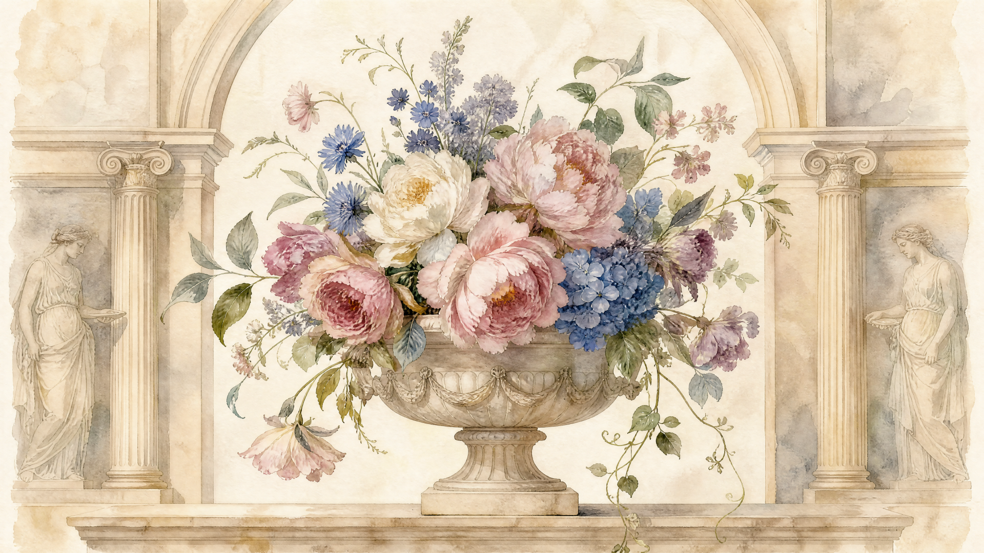 Watercolor floral bouquet in an ornate urn framed by classical arches — 4K Ultra HD PC desktop wallpaper background