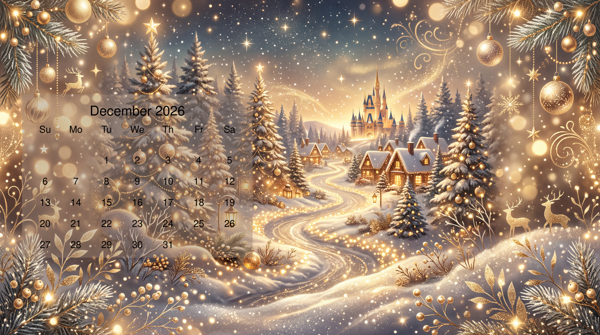 December 2026 calendar on a 5K Ultra HD PC desktop wallpaper: snowy, glowing village and distant castle at dusk with a winding river, pine trees and twinkling festive lights.