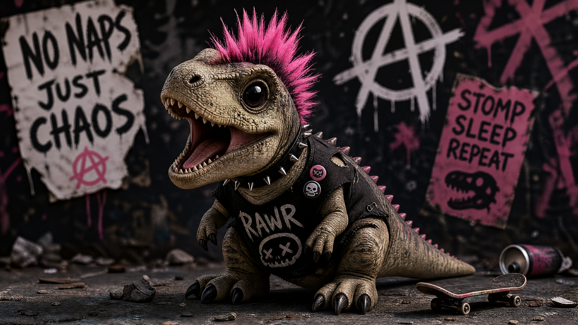 4K Ultra HD PC desktop wallpaper: baby dinosaur with a pink mohawk and punk leather vest, snarling in a gritty graffiti-covered alley with anarchist posters reading No naps just chaos.