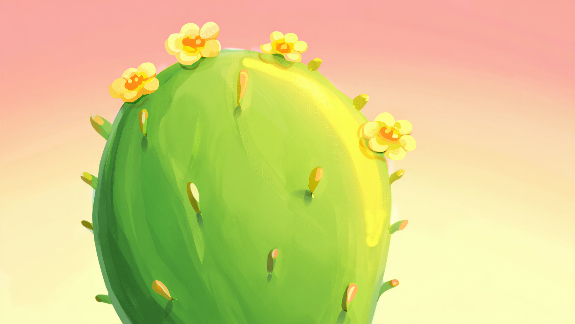 5K Ultra HD PC desktop wallpaper and background: close-up of a bright green prickly pear cactus pad dotted with small yellow blooms against a soft pink-to-peach gradient.