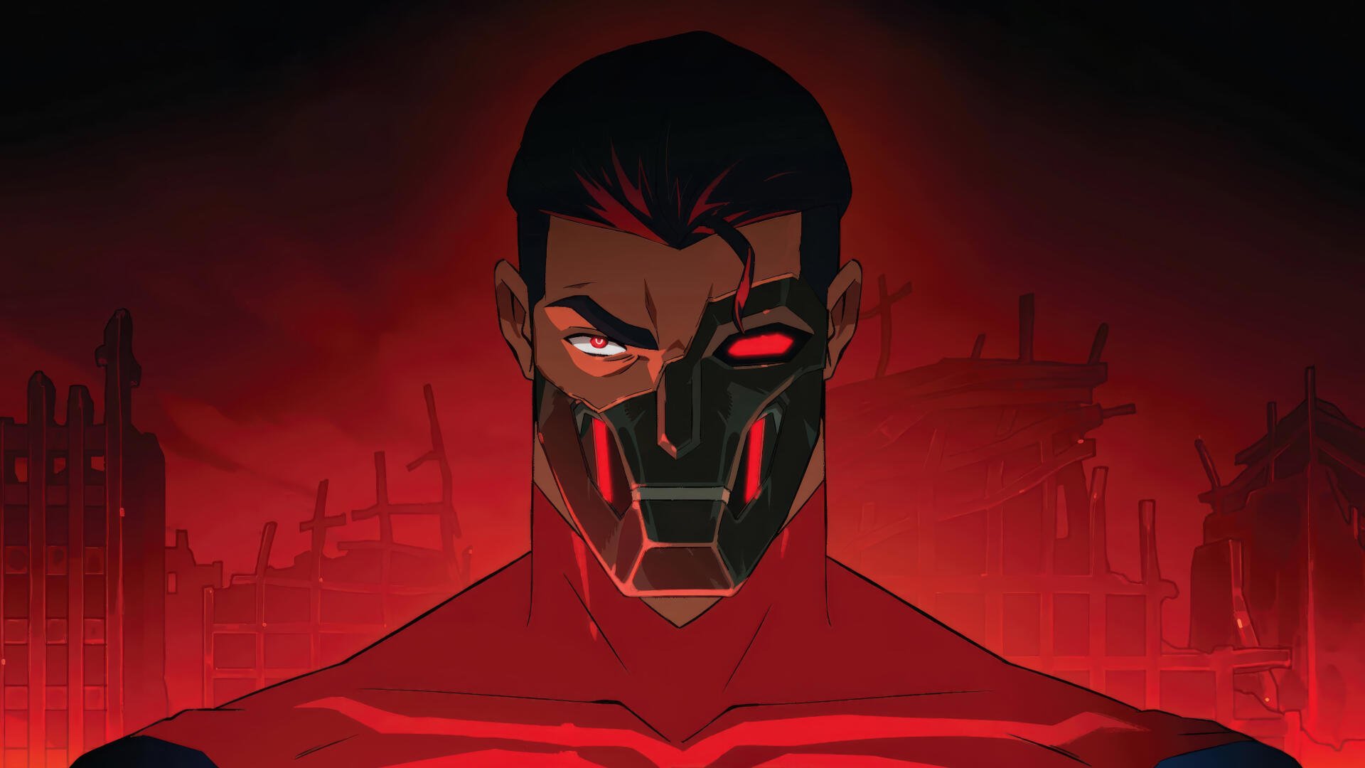 My Adventures With Superman 4K Ultra HD PC desktop wallpaper — red-lit Superman with half his face a black cyborg mask, glowing red eye, ruined city skyline behind.